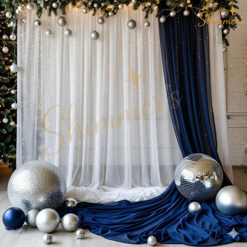 Image of Shimmers 5 Pc Decoration Kit with Blue & White Net Curtains (4x8 FT), Fairy String, 2 Hooks for Birthday, Anniversary, Party Backdrop, Photo Booth & Home Decoration Setup