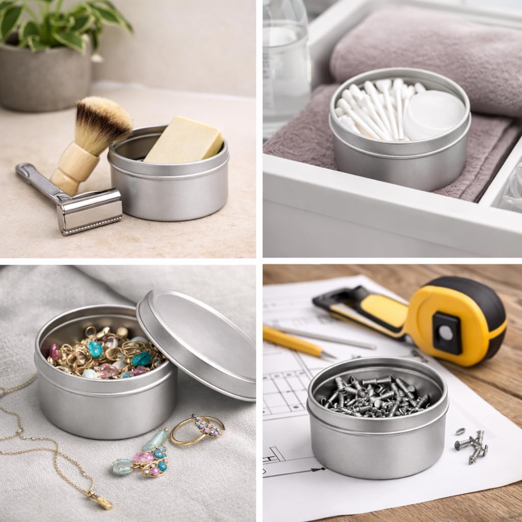 Round Aluminum Tin Container with Lid, Silver, Reusable Storage for Candles, Creams, Spices, Travel