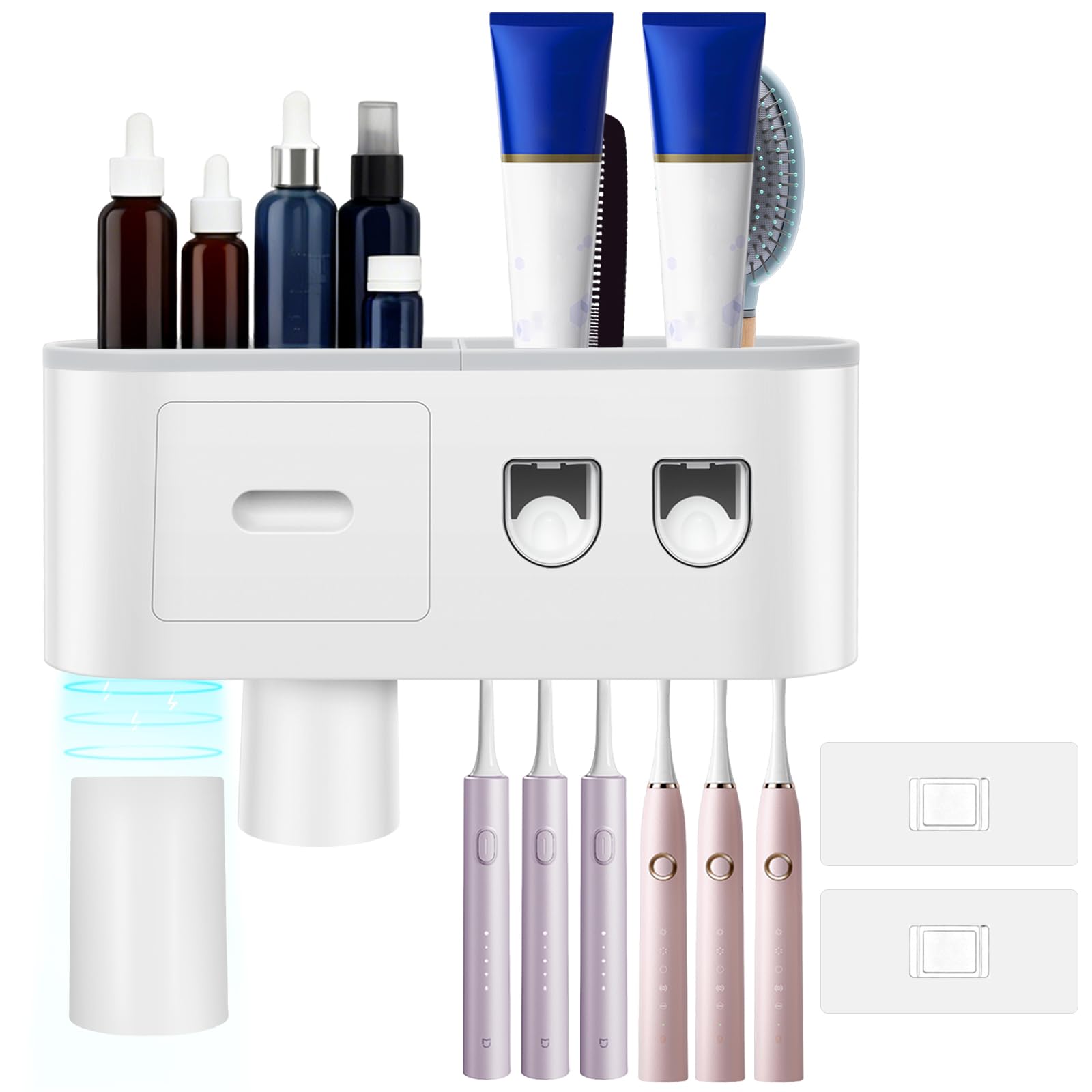Yunyouc 2 Cups Toothbrush Holder Bathroom Organiser With Magnetic Cups, Toothbrush Holder Wall Mounted With Toothpaste Dispenser, Large Capacity Tray, Cosmetic Drawer(2 Cups)