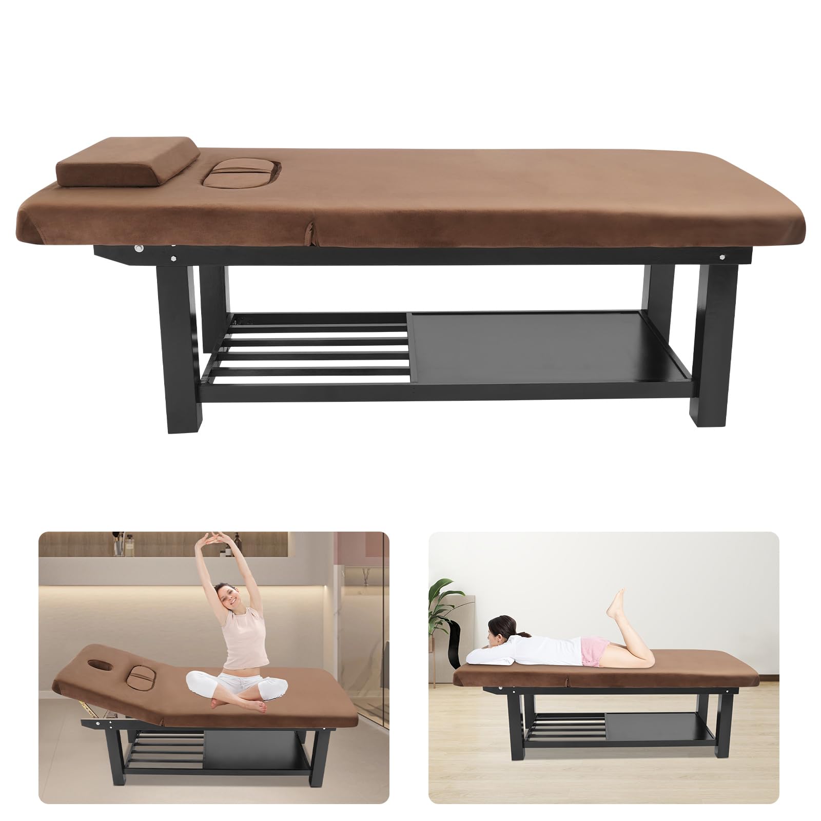 Massage Bed 75 Inch, Stationary Physical Therapy Table, Treatment Table with Removable Headrest, Spa Facial Bed with Adjustable Backrest (Brown)