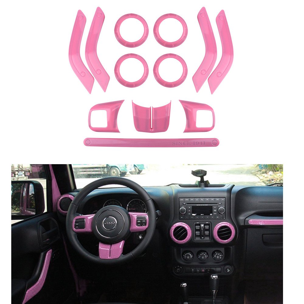 Opall 【Upgrade Version Full Set Interior Decoration Steering Wheel & Center Console Air Outlet, Door Handle Cover Inner for Jeep Wrangler JK JKU 2011-2018 2 Door &4 Door (12X Pink)