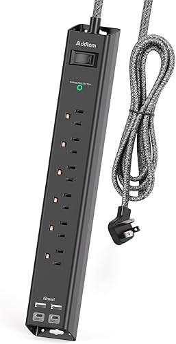 Regleta protectora de sobretensiones, cable de extensión con 6 salidas de CA, 4 USB (2 puertos USB-C), enchufe plano con protección contra