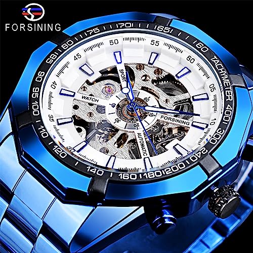 Image of FORSINING Men's Watch Self-wind Skeleton Hollow Out Mechanical Automatic Luxury Watches, Blue Black Stainless Steel Band Waterproof Wristwatch