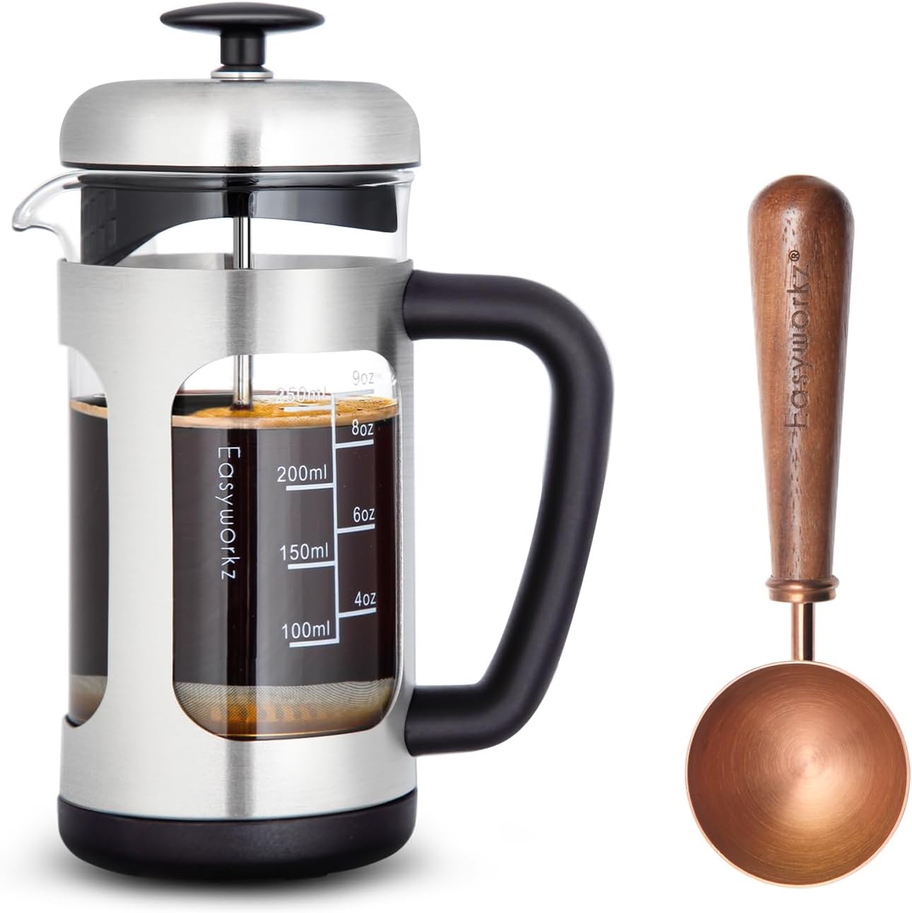 Easyworkz Stainless Steel French Press 12 oz, Bundled with Retro Stainless Steel 10g Measuring Coffee Spoon, Rose Gold