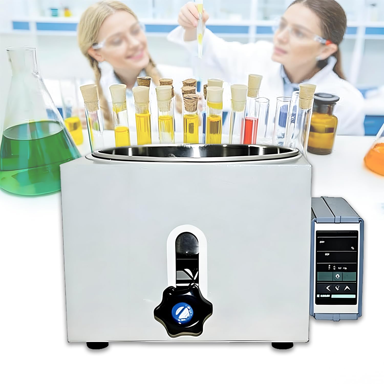 Bagno d'acqua digitale da laboratorio con display a LED e serbatoio in acciaio inox per riscaldamento e controllo della temperatura in esperimenti scientifici