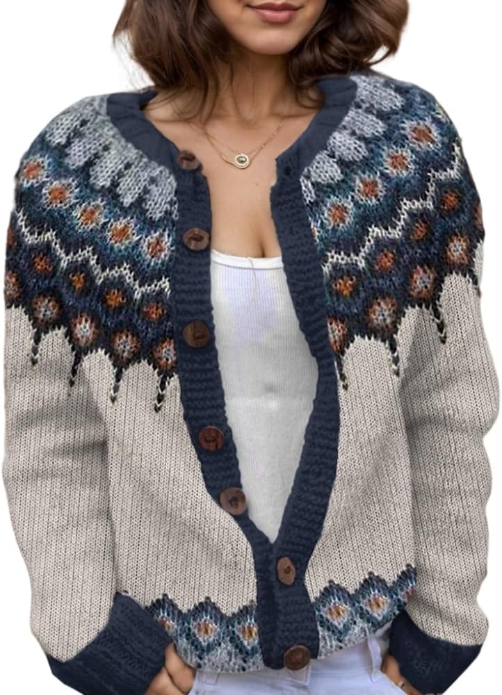 Akivide Women's Fall Cute Floral Print Open Front Knit Cardigan Sweater Winter Casual Loose Button Down Long Sleeve Coat