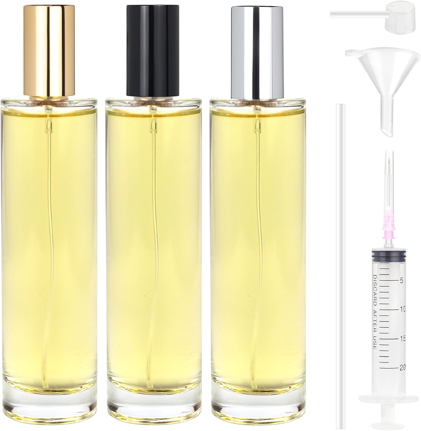 3 Stks Lege parfumfles 100ml, Parfum Verstuiver Navulbaar Glas, Glazen Parfum Fles, Glazen parfumverstuiver Draagbaar voor Dames Heren Reizen (Goud, Zilver en Zwart)