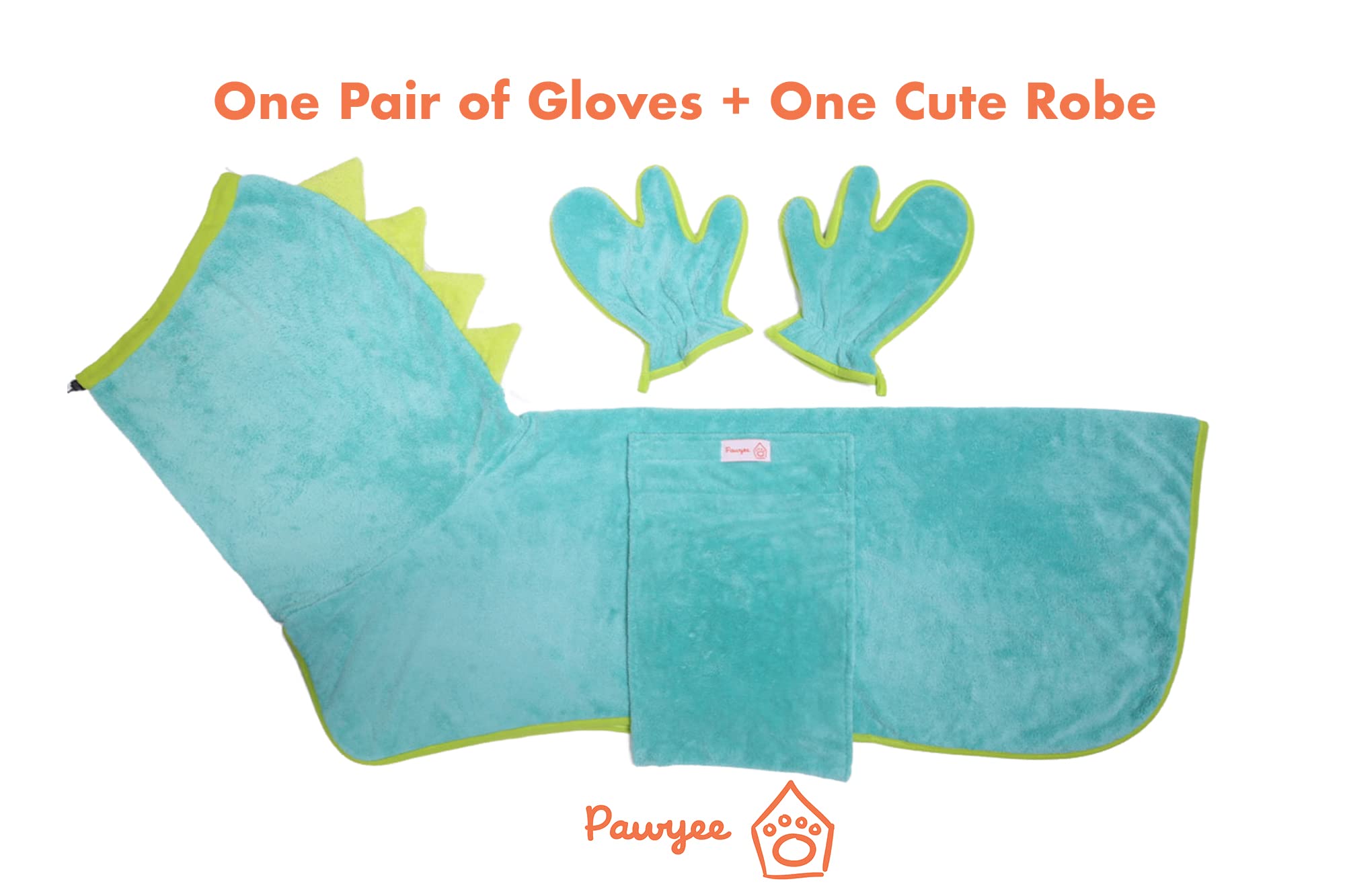 Pawyee Super Soft Fast-Drying Dog Towel with Drying Gloves for Cold Weather, Beach, Pool - Adjustable Microfiber Bath Robe Set (2 pcs) for Cats and Dogs (XL, Blue Dino)