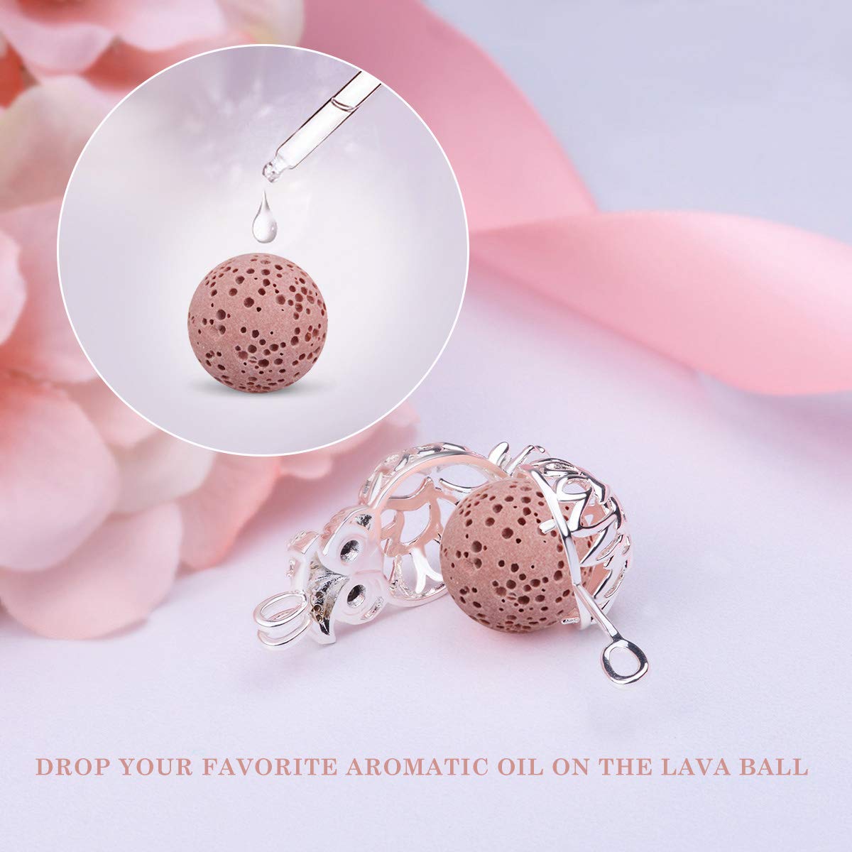 EUDORA Harmony Ball Collana Aromaterapia Ciondolo con Oli Essenziali per Donna, Collana con Diffusore Regalo di Gioielli per Ragazze con 7 Pezzi di Pietra Lavica, 24 Pollici