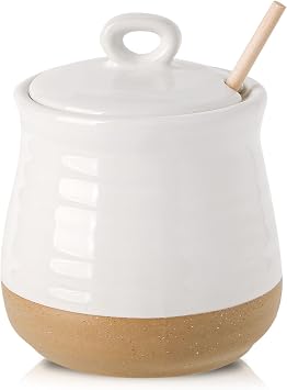 HASENSE Ceramic Honey Pot with Lid and Dipper Stick, 12 Ounce HoneyJar Dish for Home Kitchen, Farmhouse Honey Container for Mothers Day Gift, Dishwasher Safe, White