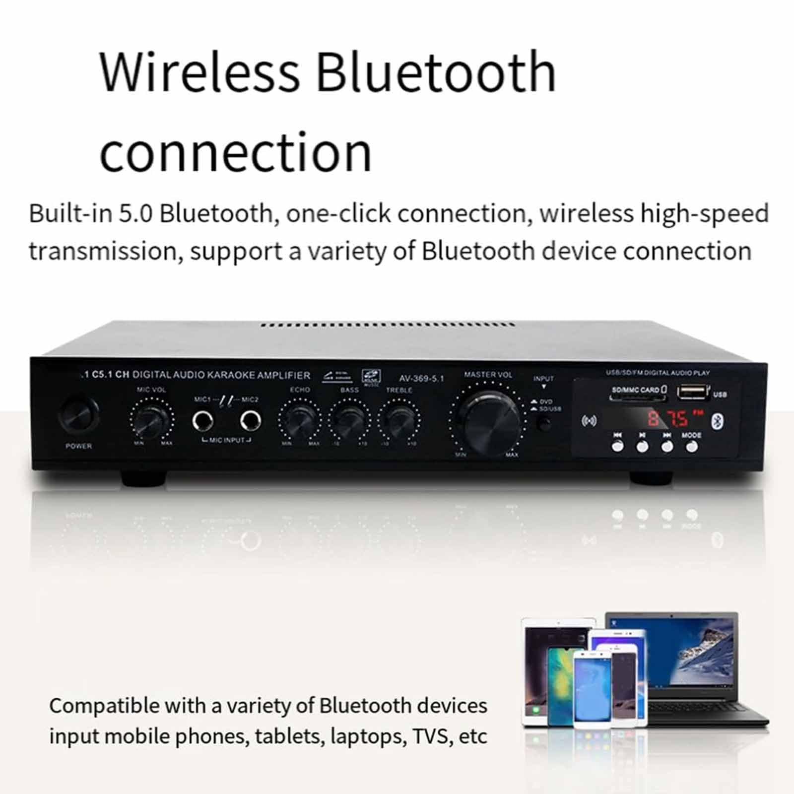 Amplificateur de son surround 5.1 – Centre audio pour TV, karaoké et home cinéma avec USB et radio FM/AM, caisson de basses pour basses améliorées