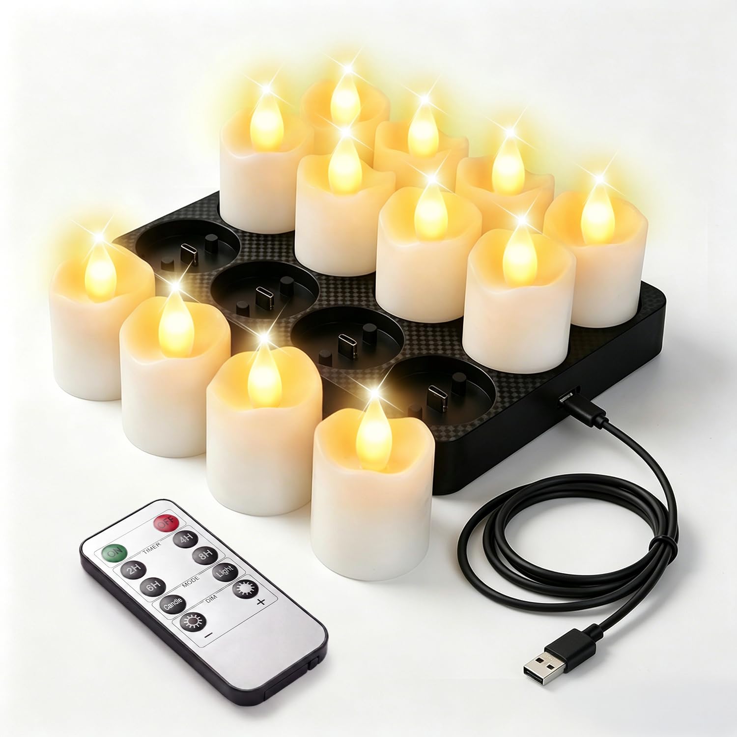 Ollny 12 Stück LED Teelichter Wiederaufladbar mit Timer & Fernbedienung | 5 Stufen Dimmbar, lange Akkulaufzeit, Elektrische USB LED Kerzen für Hochzeit, Laternen, Tisch Deko zu Weihnachten, Halloween
