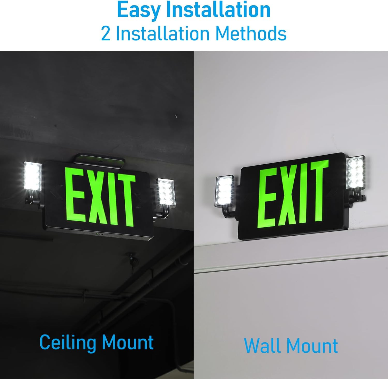 TORCHSTAR LED Exit Sign with Emergency Lights, Two Adjustable Heads, Green Letter Exit Light with Battery Backup, UL&FCC Listed, Double-Sided, AC 120-277V, Wall & Ceiling Mount, Black, Pack of 6