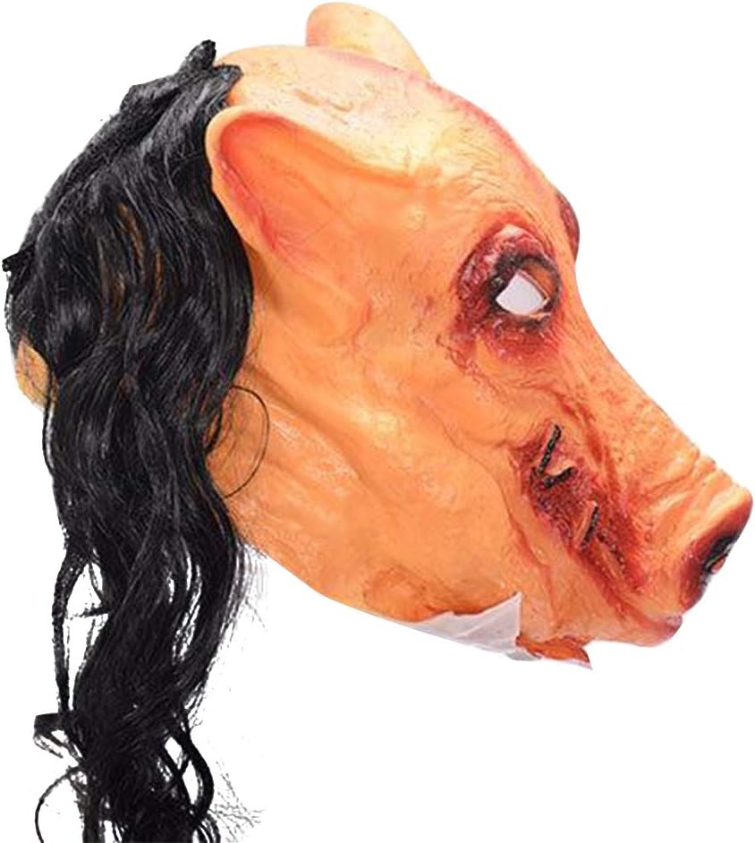 IBLUELOVER Pig Head Mask Halloween Scary Mask Latex Headwear Wig Cap Full Face Mask with Curly Hairs Costume Party Fancy Dress Horror Nights Carnival Cosplay Accessory Props for Adults - Image 5