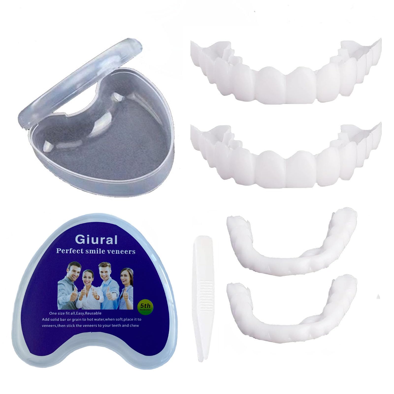 2 Pairs Teeth Veneers, Veneers Snap in Braces Instant Perfect Smile Temporary Replacement Tooth Kit, DIY Temporary Fake Teeth for Snap on Instant Whitening & Confidence Smile