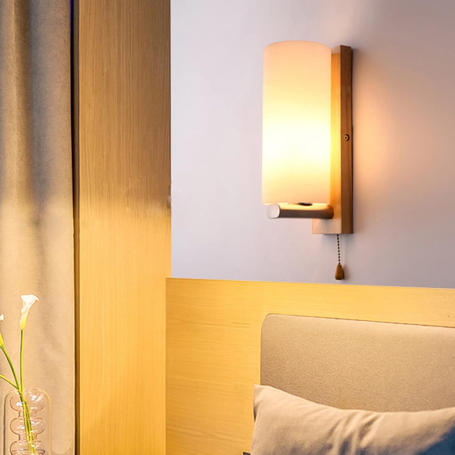 Modern Wandleuchte mit Zugschalter Glas Lampeschirm Wandlampe mit Schalte Holz & Glas Lampeschirm Rund Wandleuchten Lampe Innen Beleuchtung Wohnzimmerlampe Flur Schlafzimmer Leuchten