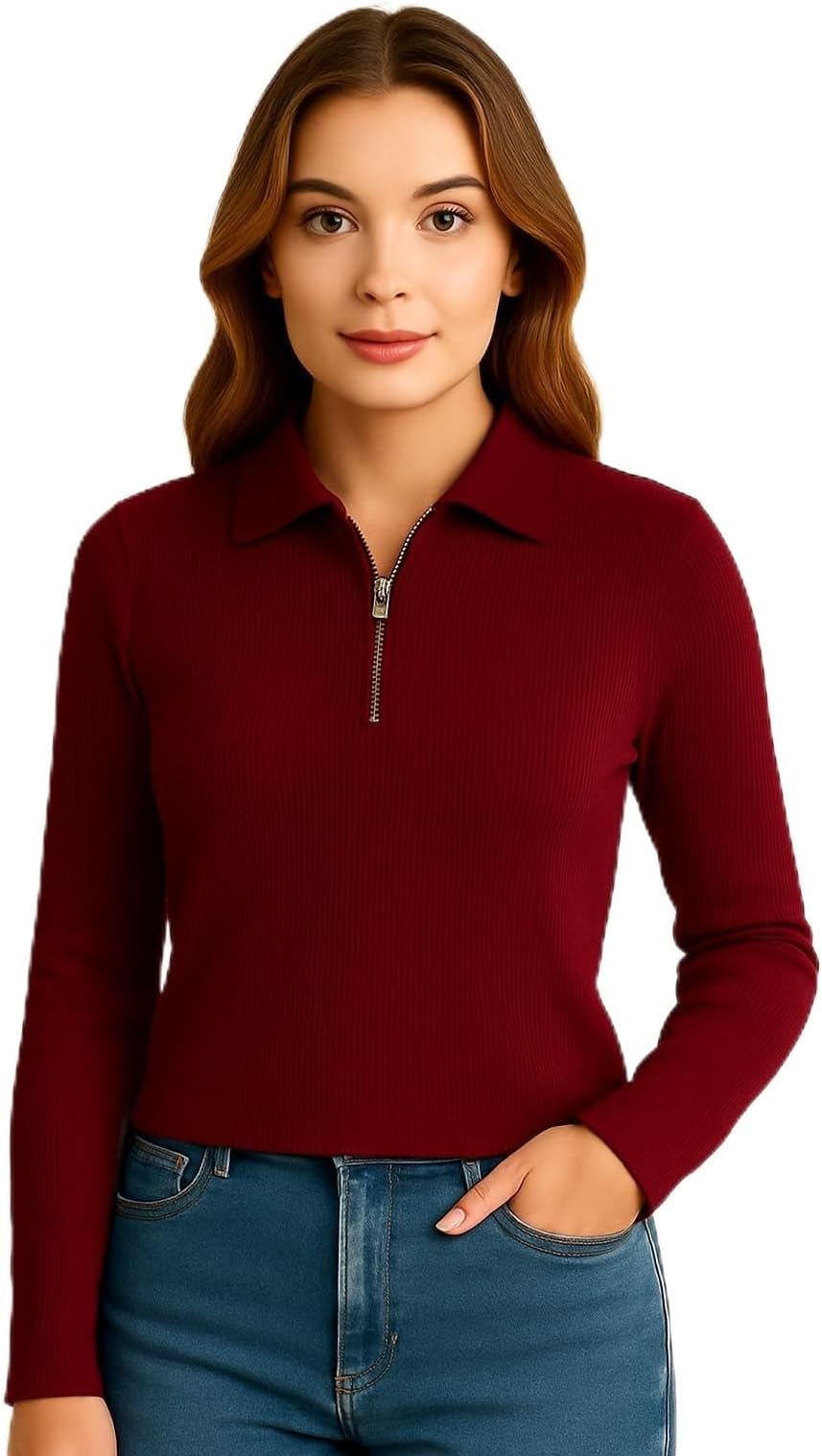 Women's Lycra Ribbed Collared Top Half Zip Solid Stretchable Top | Full Sleeve Casual Wear | Soft Comfortable Fabric for Office & Daily Use