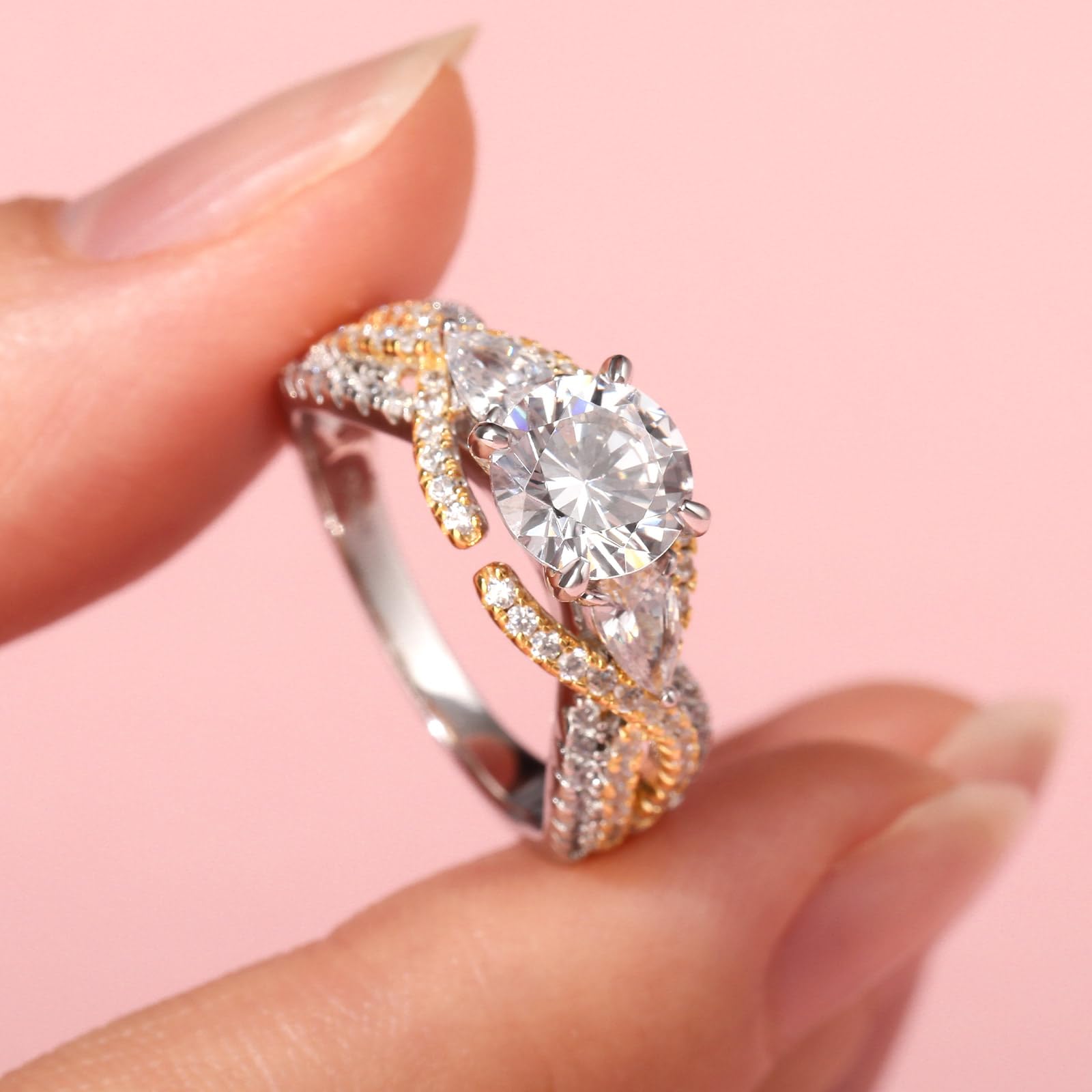 Jeulia Bague de proposition en argent sterling pour femme : deux tons floral taille ronde diamant éternité bague de fiançailles promesse mariage bague de fiançailles anniversaire bijoux cadeau