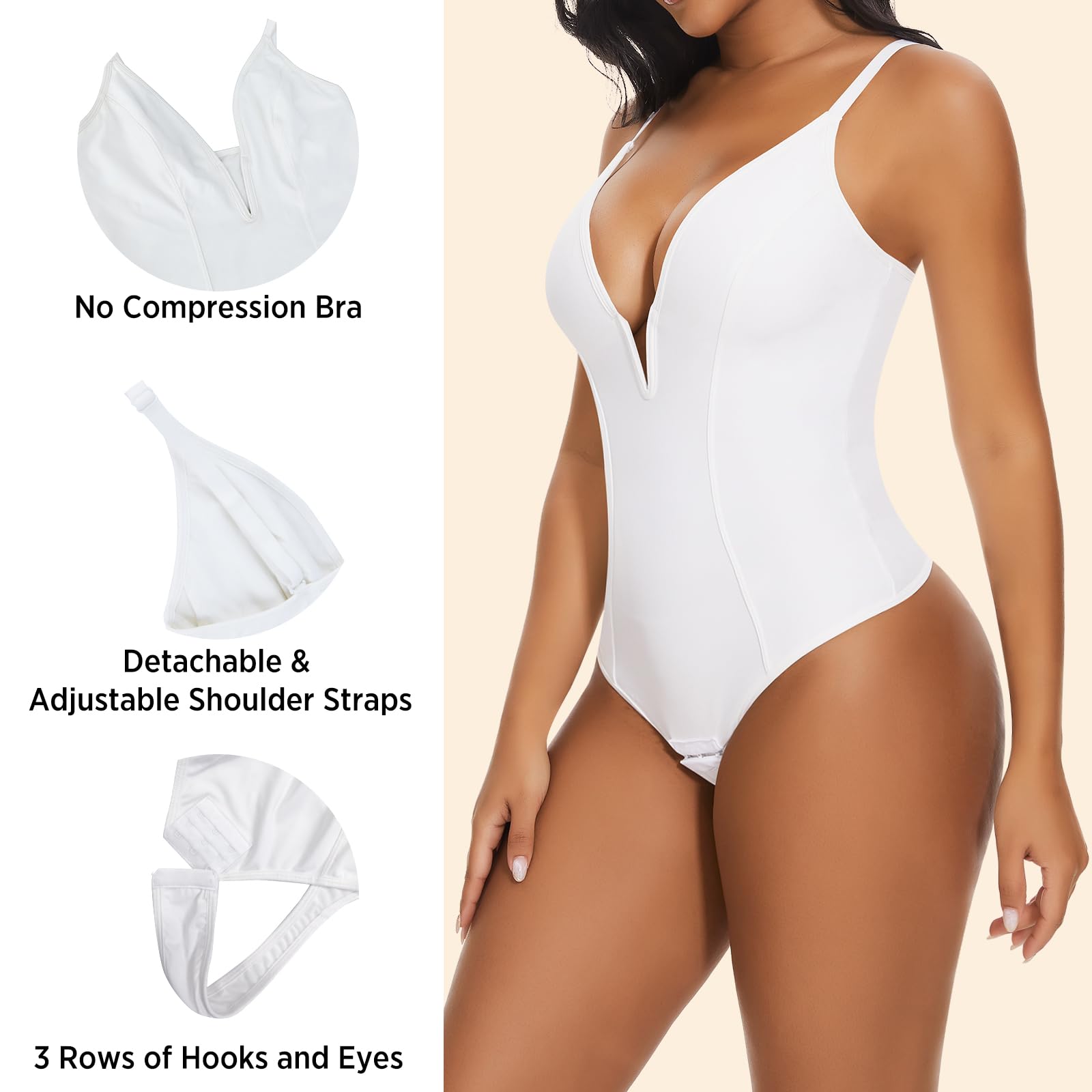 QTANZIQI Damen-Shapewear-Body aus Spitze mit integriertem BH, tiefem V-Ausschnitt, Bauchweg-Body, sexy Schlankheits-Bodysuit zum Ausgehen