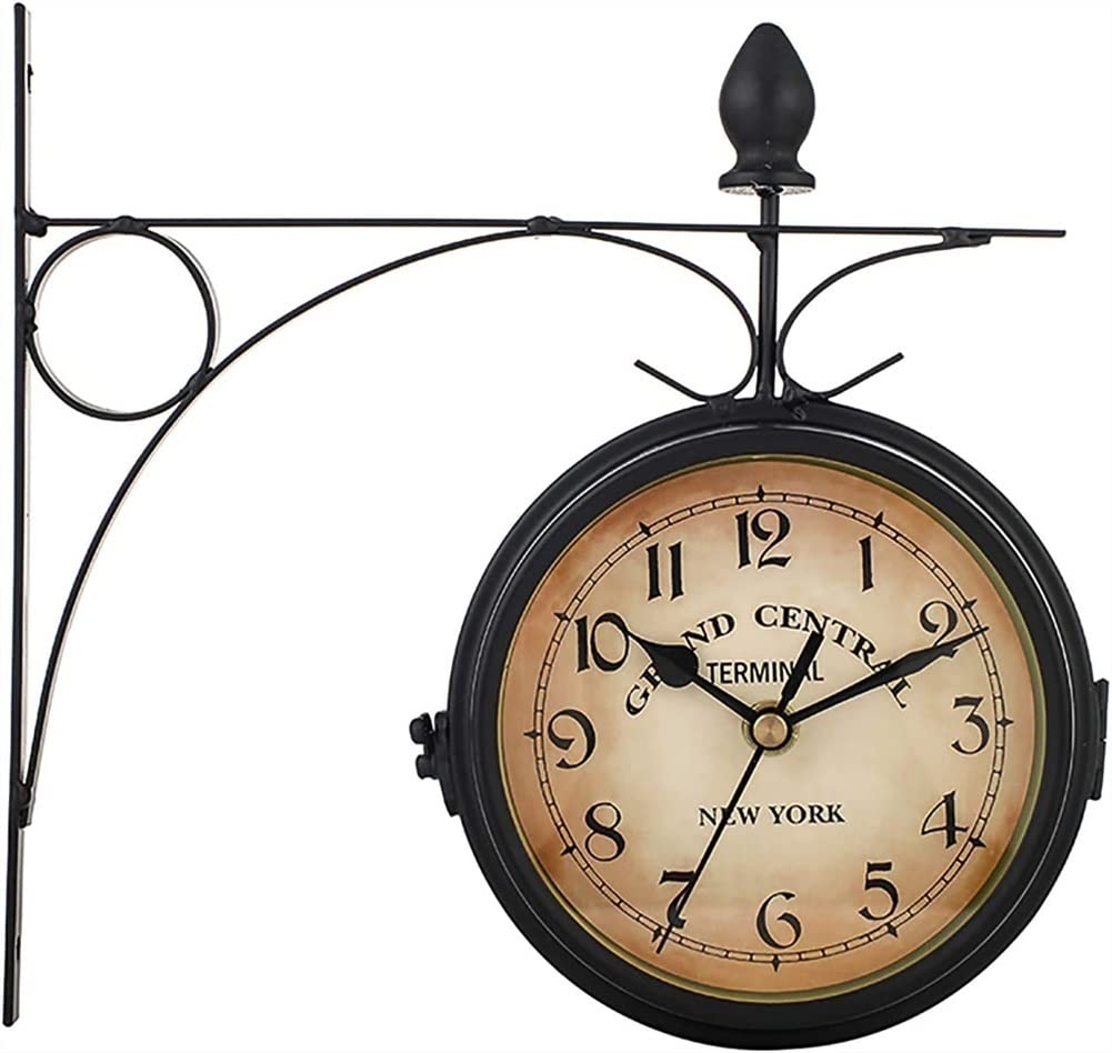 GTHTUHFD Retro Stand Clock Outdoor Double Sided Clock, Wall Hanging Double Sided Two Faces Retro Station Clock, Round With Scroll Wall Side Mount Garden Patio Home D?Cor Wall Clock