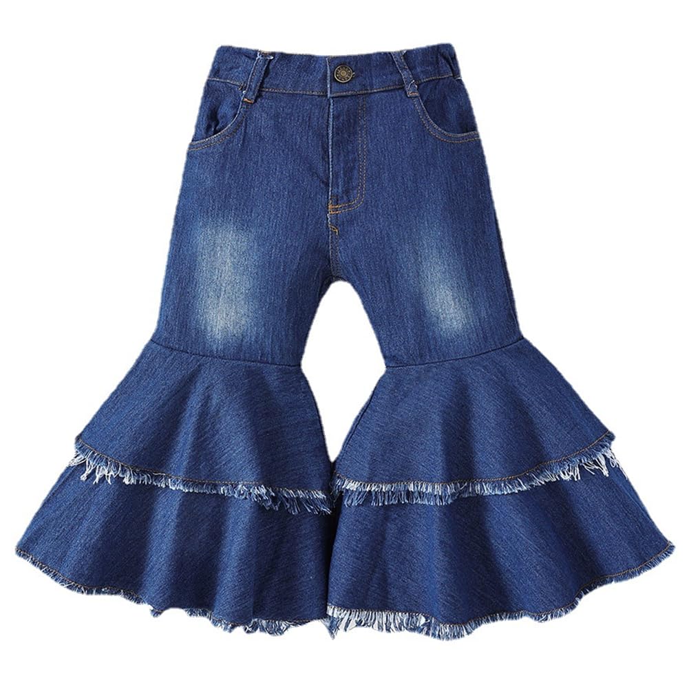 IWEMEK Toddler Girls Ruffle Ripped Jeans Bell Bottom Flare Pants Ripped Denim Leggings Trousers Elastic Waist Ruffle Pants
