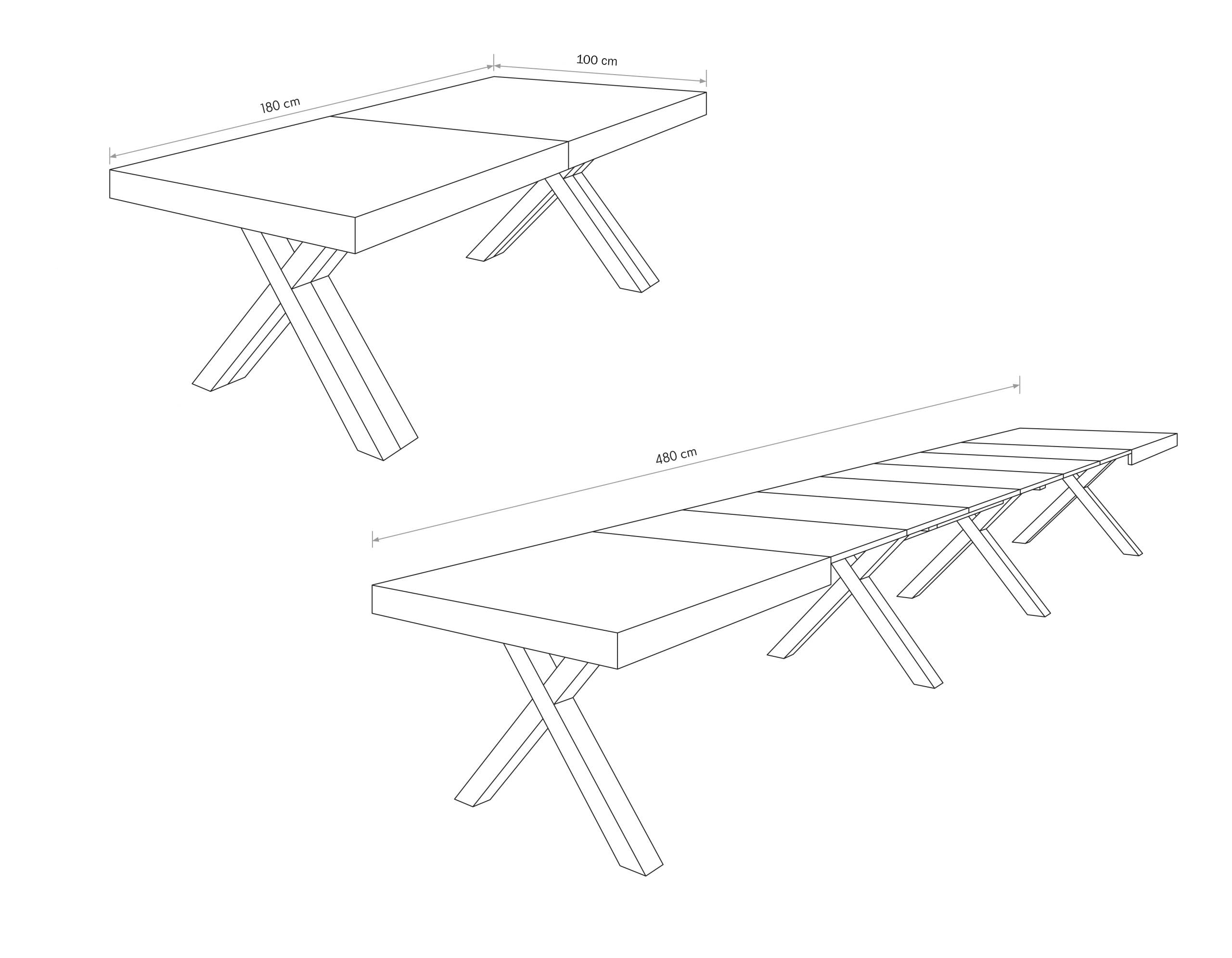 KONTE.DESIGN Tavolo GALLIPOLI allungabile in legno, finituravRovere Nodato, gambe ad X, 180 x 100 cm - 480 x 100 cm, 22 Posti