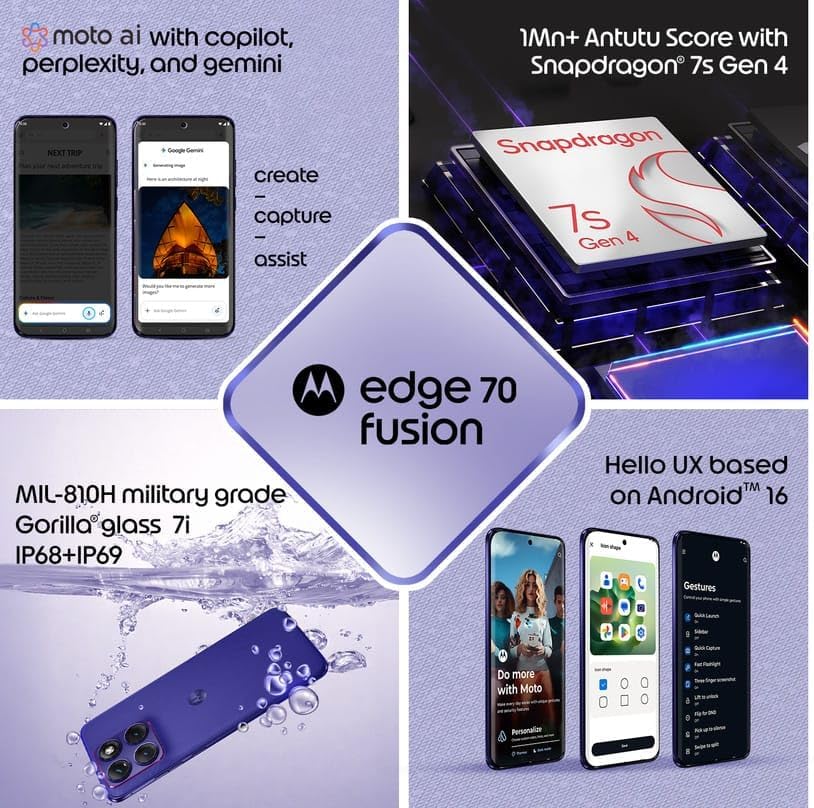 Image of Motorola Edge 70 Fusion 5G (Pantone Orient Blue, 8GB RAM, 128GB Storage) | AI Features | 6.78-inch 144Hz AMOLED | Snapdragon 7s Gen 4 | 50MP + 13MP Camera | 32MP Selfie | 7000mAh | 68W TurboPower