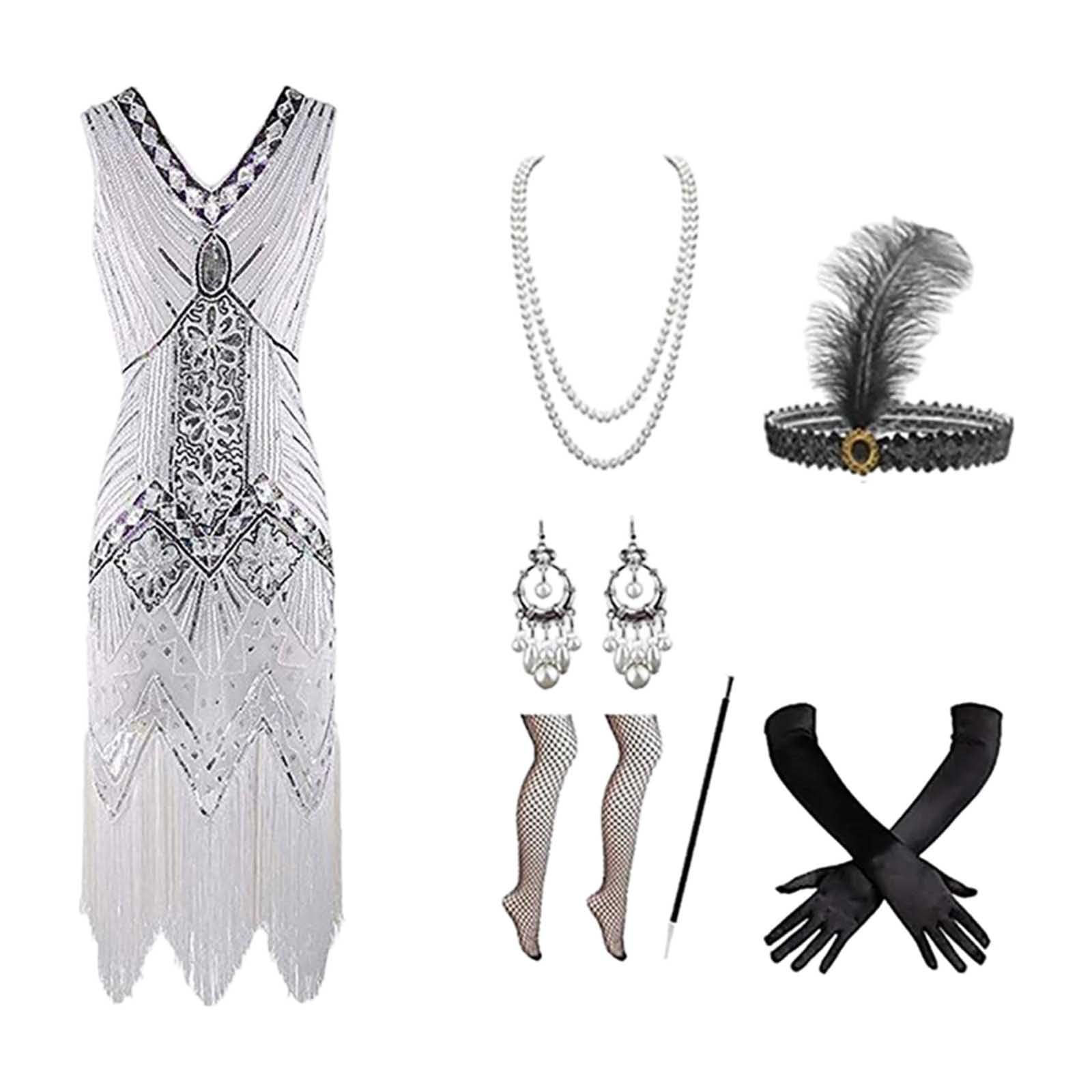 Halloween Costume Female 1920S Gowns Dresses Heavy Beaded Sequins Fringe Dresses Fancy Dress Costumes Women's with 20s Dress Accessories Carnival Costume Women (White, XL)