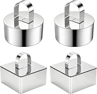4 Pack Food Molds Set, 3.15-Inch Cake Ring Mold, Stainless Steel Cooking Rings for Food Decor (2 Round Rings+2 Square Rings)