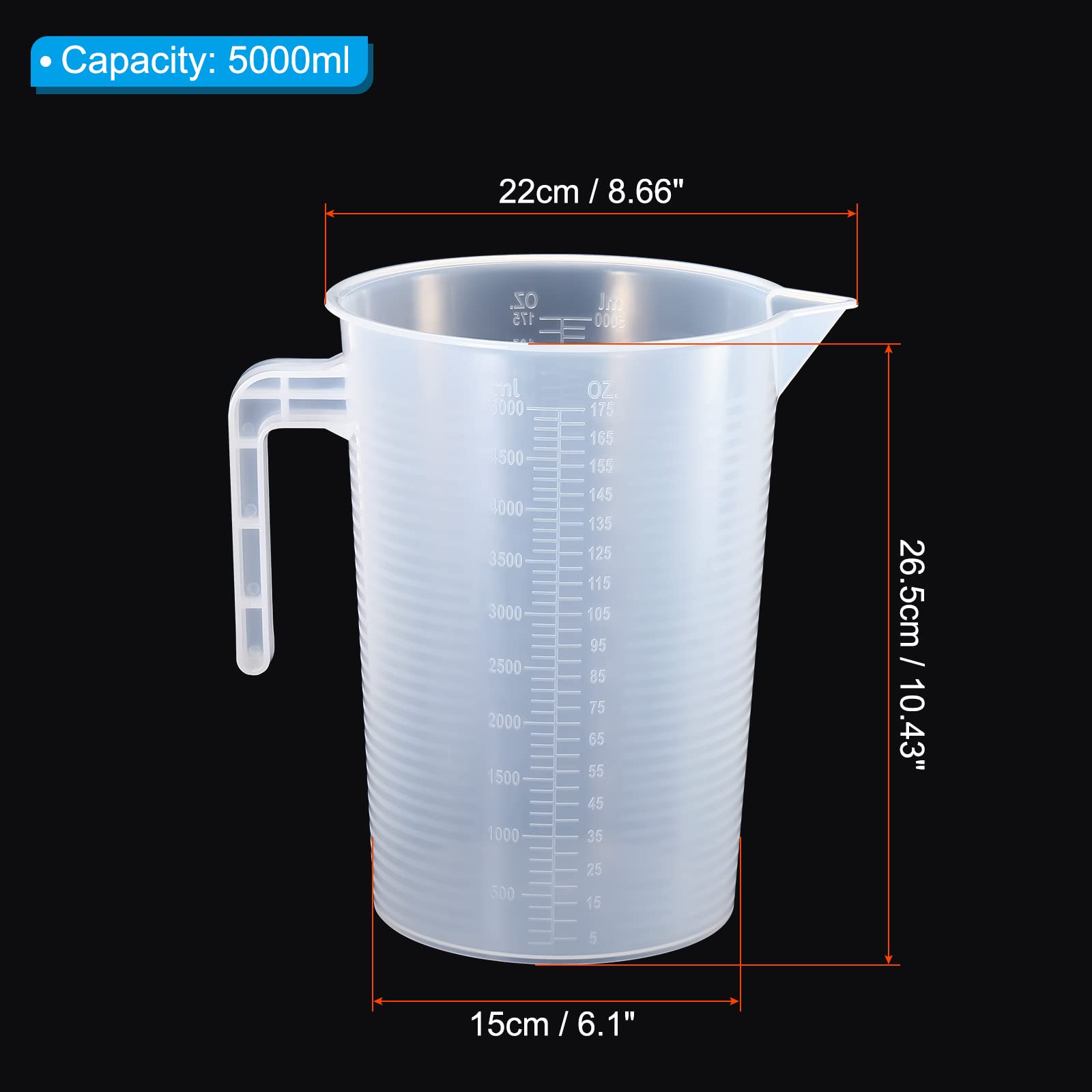 PATIKIL Graduado Vaso, 5000ml PP Plástico Líquido Medidora Taza Doble Lado Graduaciones con Mango Tapa Caño para Laboratorio Cocina Hogar