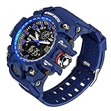 FANMIS Mens Military Multifunction Digital Watches 50M Water Resistant Electronic 7 Color LED Backlight Black Sports Watch (Blue)