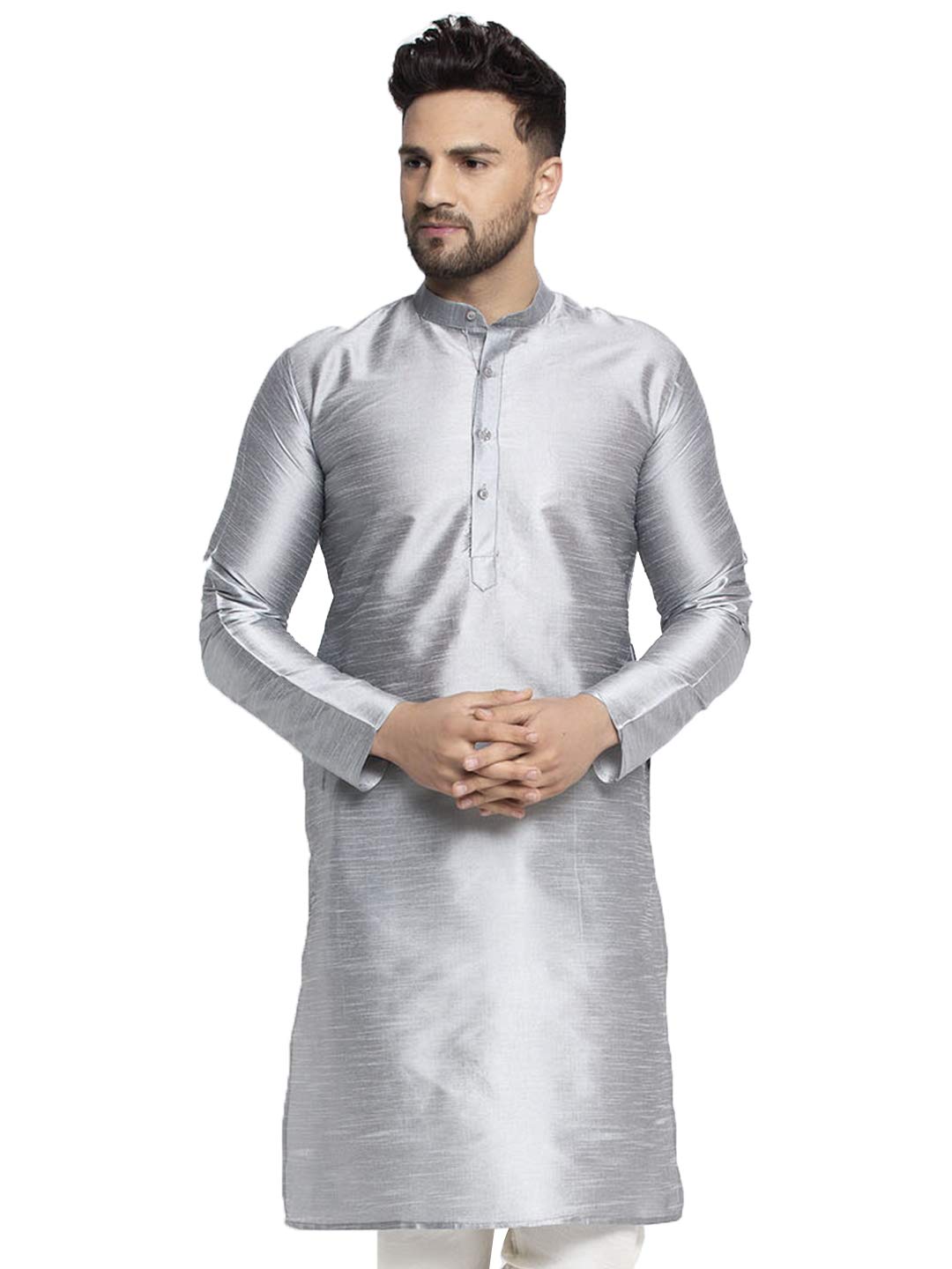 Jompers Men Solid Dupion Silk Kurta(Silver, Xl)