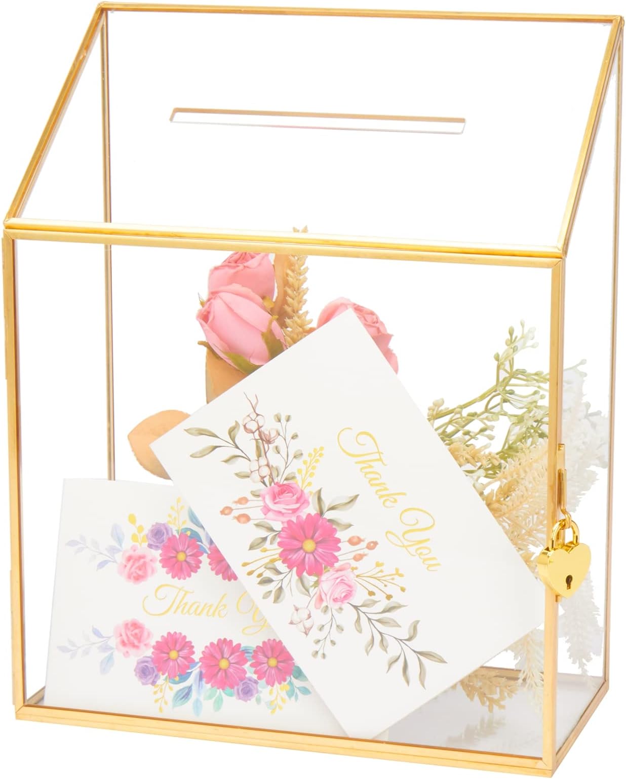 11.8" Glass Card Box Wedding Card Box with Lock for Wedding Reception Cosmetic Home Decor, Handmade Large Geometric Terrarium with Hinged Lid, Brass Frame - 16141B
