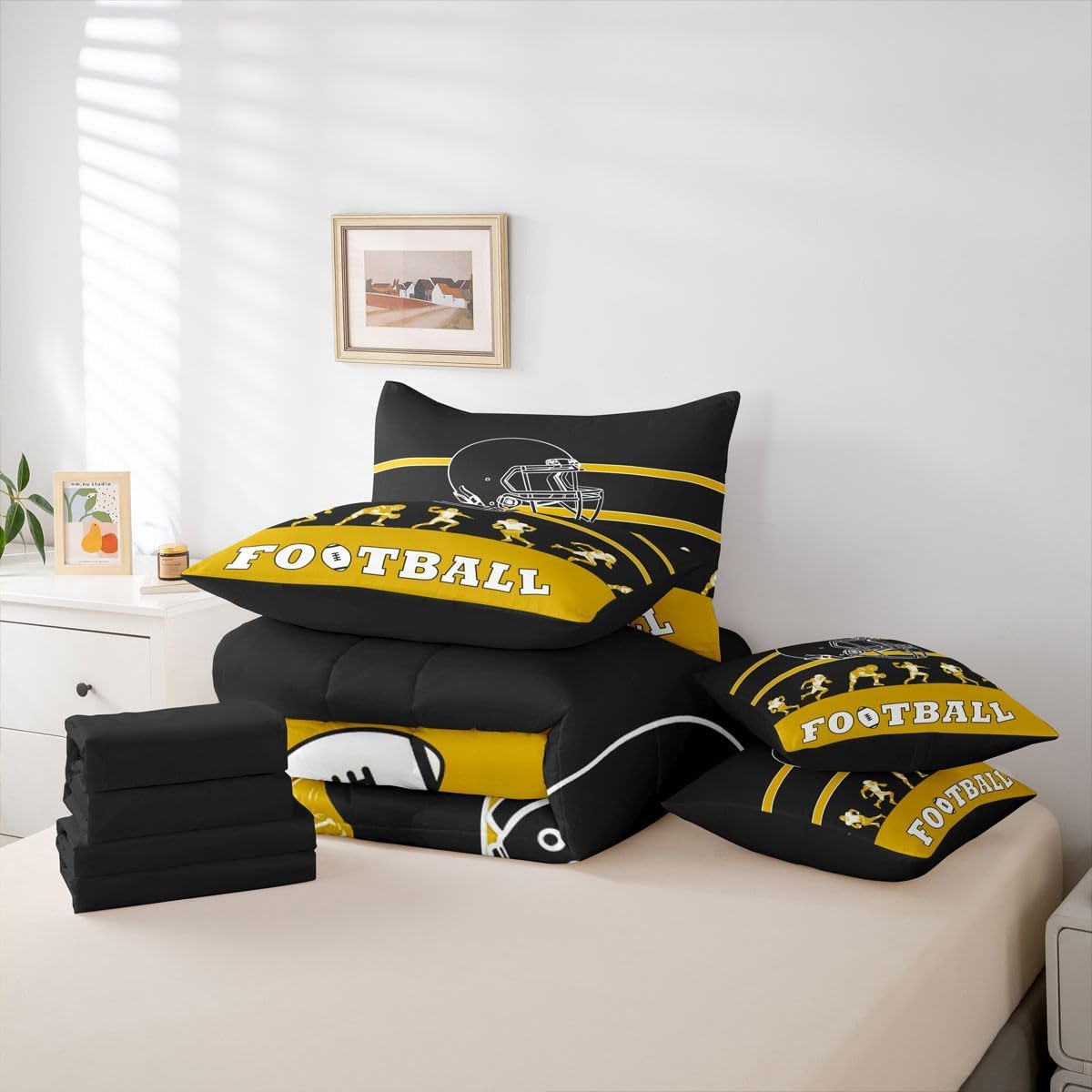 Erosebridal Full Bed in a Bag Boys Football Comforter Set with Sheets 7-Pieces All Season Football Bedding Sets with Comforter, Cushion Covers, Flat Sheet, Fitted Sheet and Pillowcase