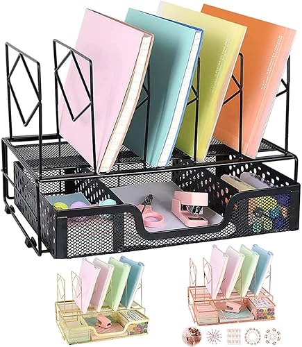 Spacrea Organizadores de escritorio y accesorios portacarpetas de archivos organización de escritorio con 5 secciones verticales y cajón ideal para