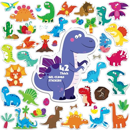 42PCS Dinosaur Jelly Stickers, Thick Window Door Clings Removable Reusable Gel Clings Decals for...