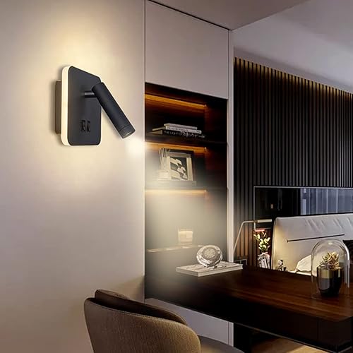 Miniatura 6 de Lámpara de pared negra LED para cama con foco de pared interior, lámpara de lectura ajustable de aluminio, lámpara de pared para pasillo,