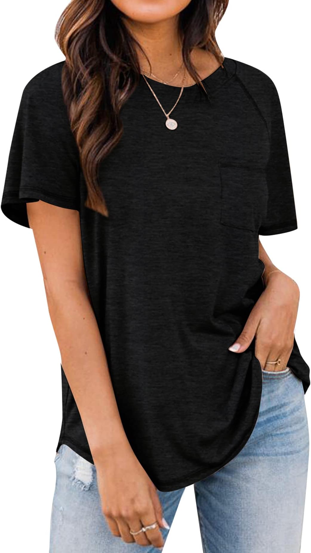 MIROLWomen's Short Sleeve Tunic Top Round Neck Solid Stitch Shirt Oversized Summer Casual Blouse