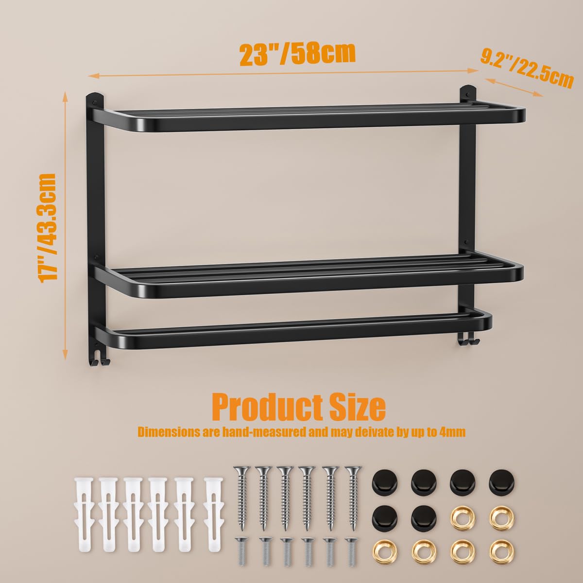 DDS-DUDES 3-Tier Black Towel Racks for Bathroom with Towel Bars Multilayer Hotel Towel Shelf Stainless Steel Wall-Mounted Matte Finished Holder with Towel Shelves 23 Inches - Image 2