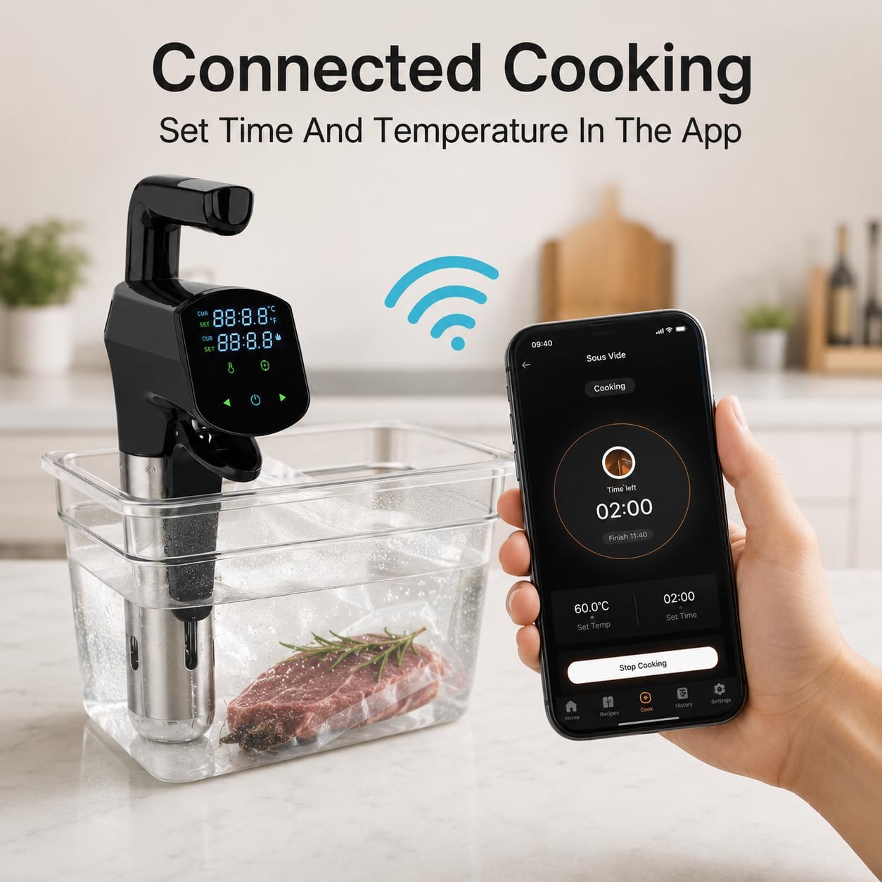 Cocina Sous Vide de 1800 W, baño de agua de precisión WiFi con pantalla LCD, control de temperatura de 25 a 95 °C para filetes, pollo, pescado y más