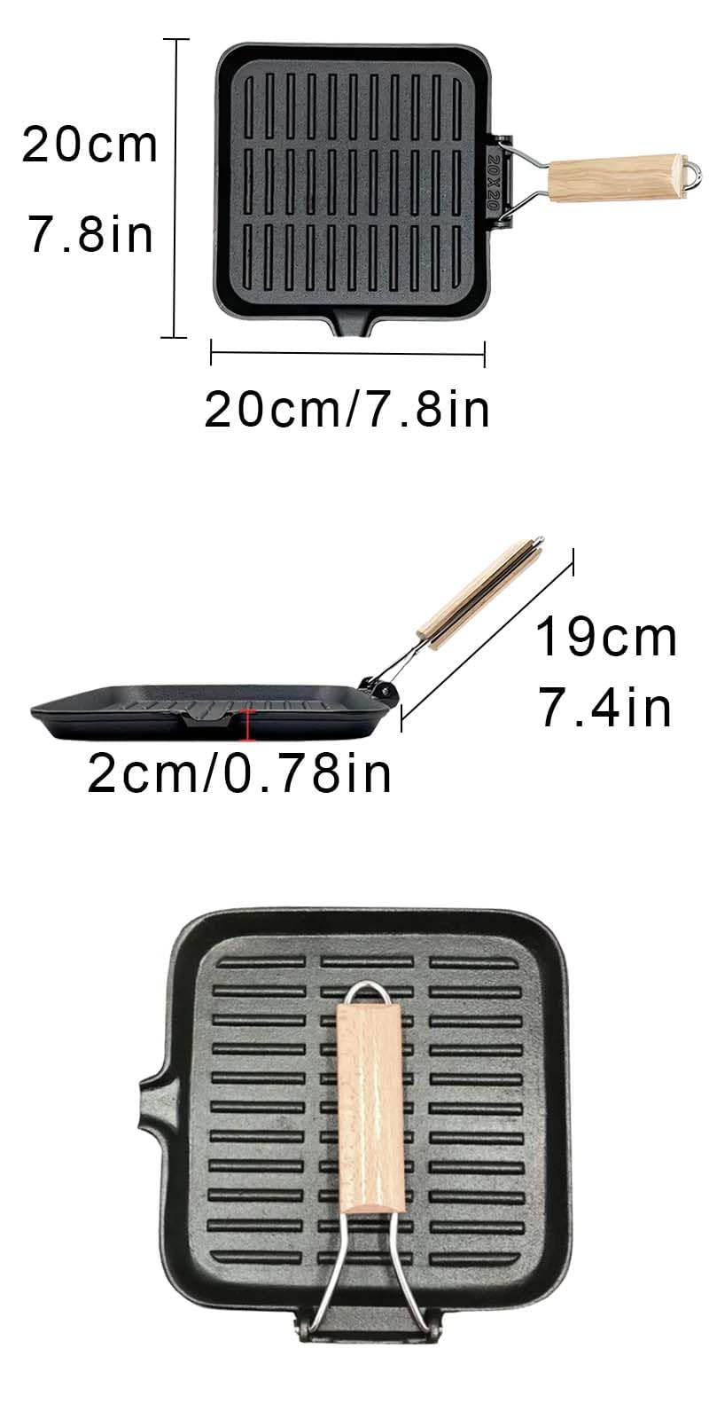 Sartén plegable de hierro fundido, 20 x 20 cm, Parrilla de inducción antiadherente, Parrilla de hierro fundido, Sartén parrilla de aluminio fundido, apto para cocinas de inducción, fácil de limpiar — view 2