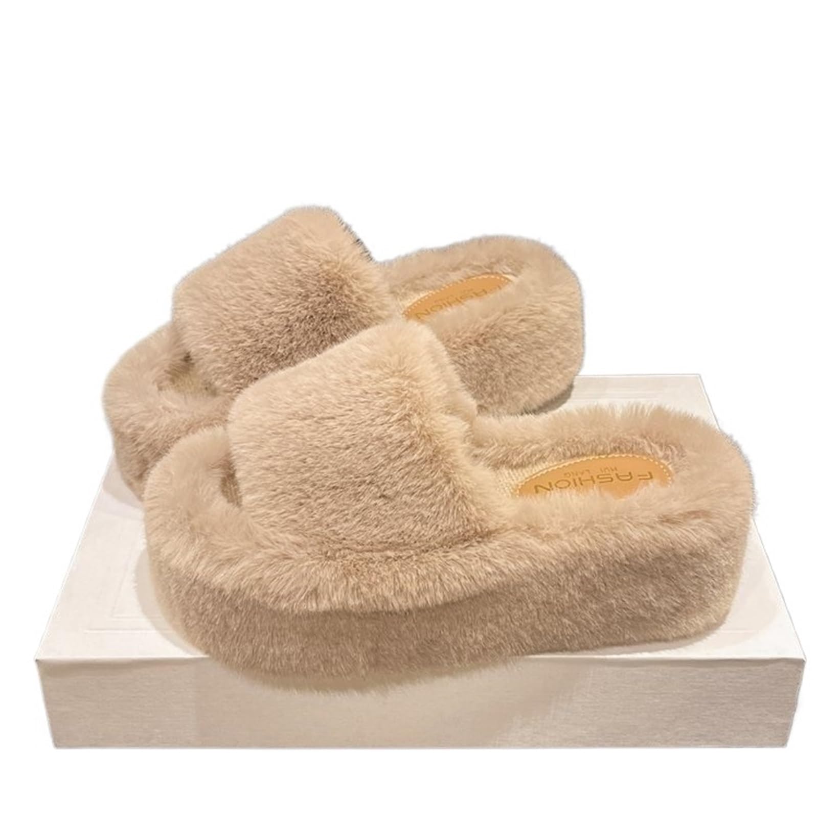 WEOKDFHA Womens Fluffy Slippers Sandals Woman Platform Plush Fluffy Furry Slippers Ladies Winter Warm Cute Soft Home Indoor House Bridal Slipper(Khaki,40)