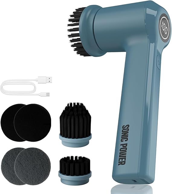 SonicPower Electric Spin Scrubber Handheld & Ergonomic, IPX7 Waterproof, 4 Multi-Purpose Brush Heads, Long-Lasting Rechargeable Battery Cleans Dishes, Bathroom, Tile, Grout & Kitchen (Steel Blue)