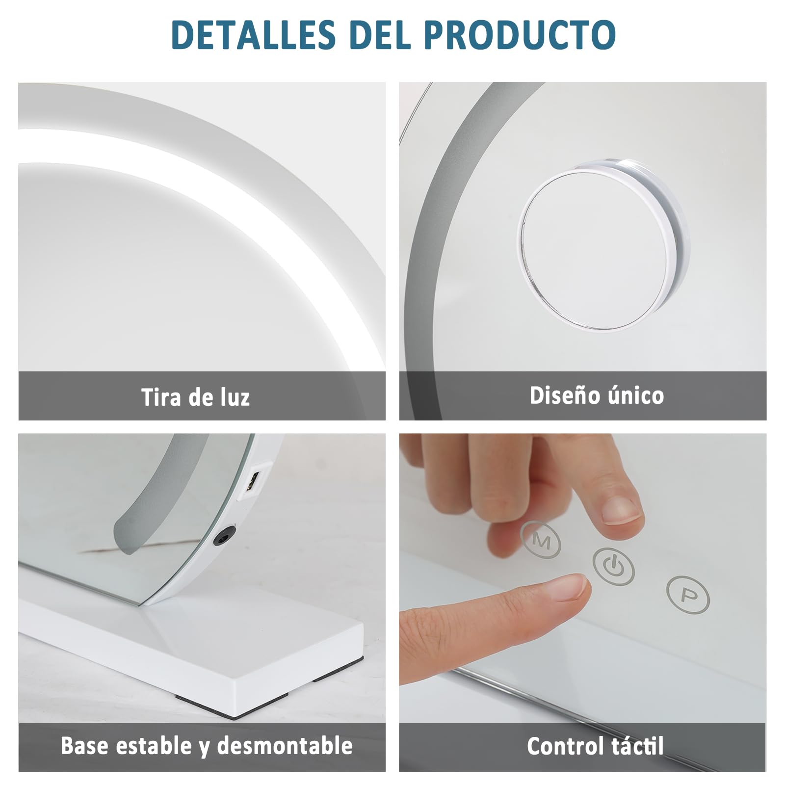 YU YUSING Hollywood Espejo Maquillaje con Luz, 50x48cm, 3 Modos Iluminación Regulables, Espejo Tocador Rondo, Espejos de Mesa, USB, 10x, Vanity Mirror Tocador Dormitorio, Controles Táctiles, Blanco