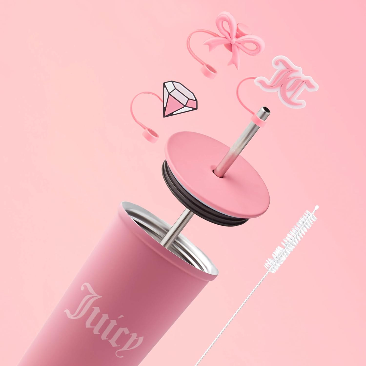 Juicy Couture 6-Piece Tumbler Gift Set With 24oz Stainless Steel Tumbler With Reusable Straw, 3 Straw Toppers and Cleaning Brush, Pink