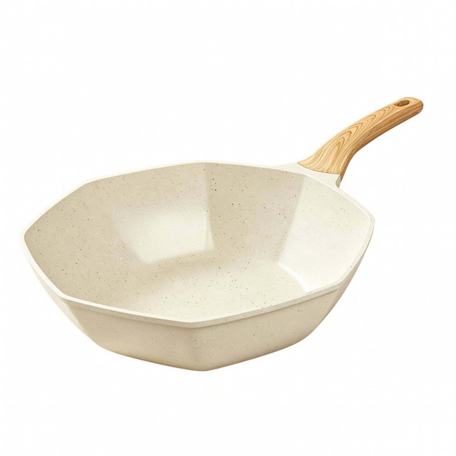 Wok Ottagonale con Rivestimento in Pietra Rivestimento in Pietra Robusto Wok con Manico Legno Salvaspazio Pentola per Famiglie, Fritture Saltate, 32CM A