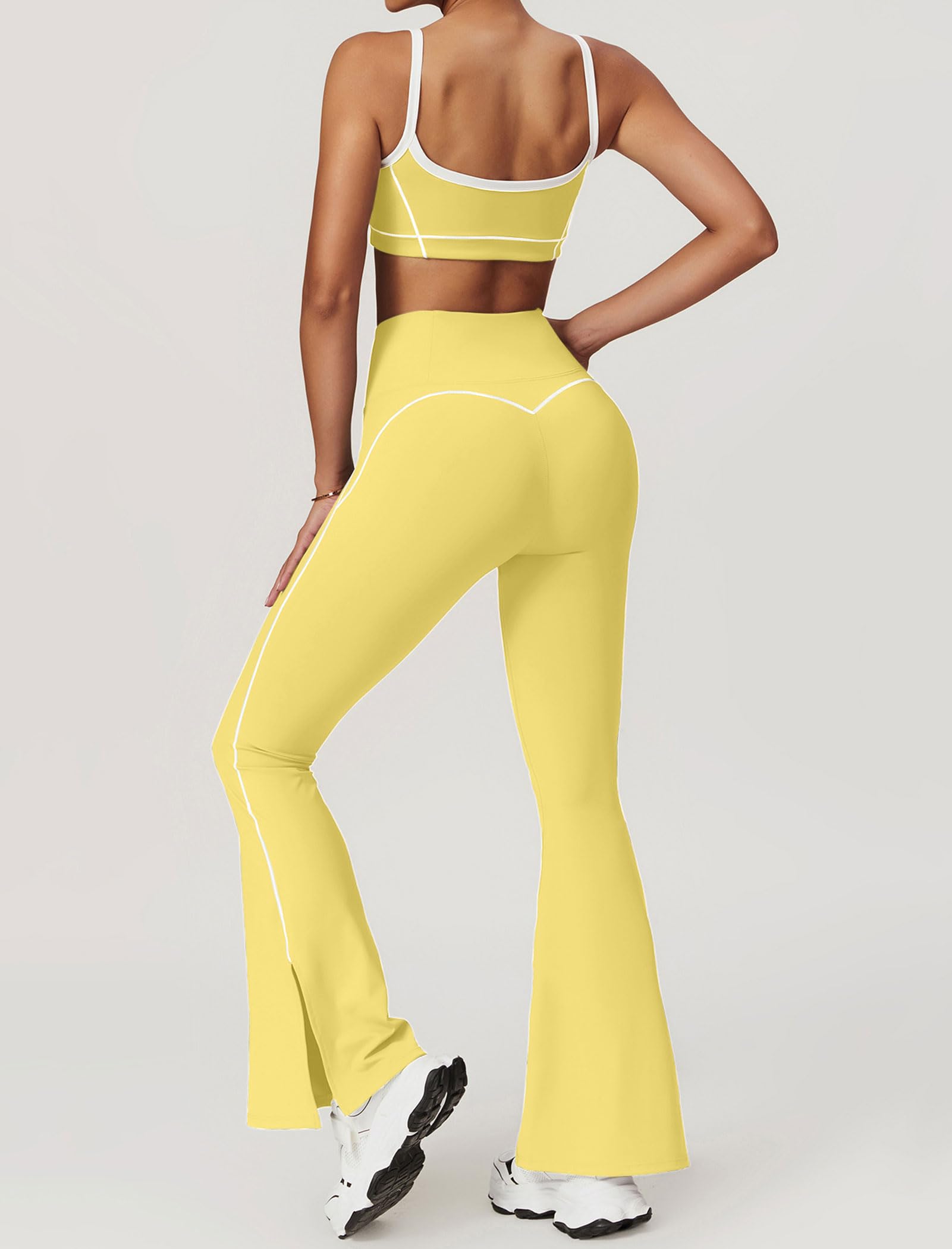 IDOPIP Zweiteiler Sport Set für Damen: Kontrastfarbe Gym Set mit Kompression gepolstertem BH und Po-Lifting Leggings Hose mit Schlitz - Yoga Outfit für Fitness Pilates Workout