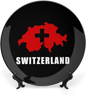 Swiss Switzerland Flag Bone China Decorative Plate Ceramic Dinner Plates Art Crafts for Women Men Gifts with Display Stand