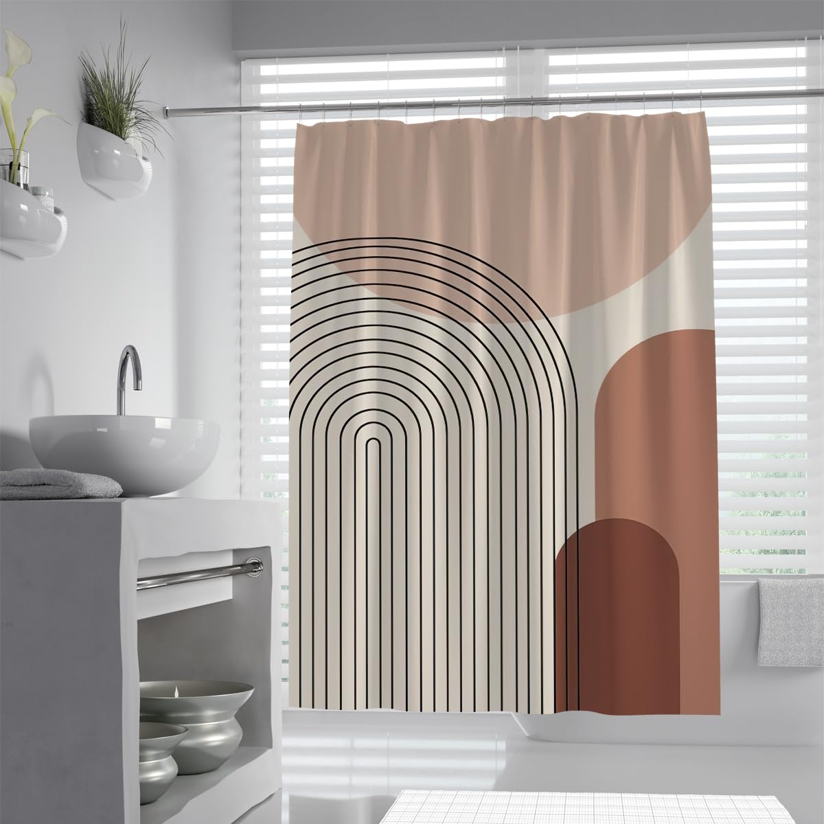 Uiringart Shower Curtains Terracotta Boho Geometric Arch W180xl200cm Abstract Minimalist Anti Mould Waterproof Bath Curtains Bathroom Decor With Hook