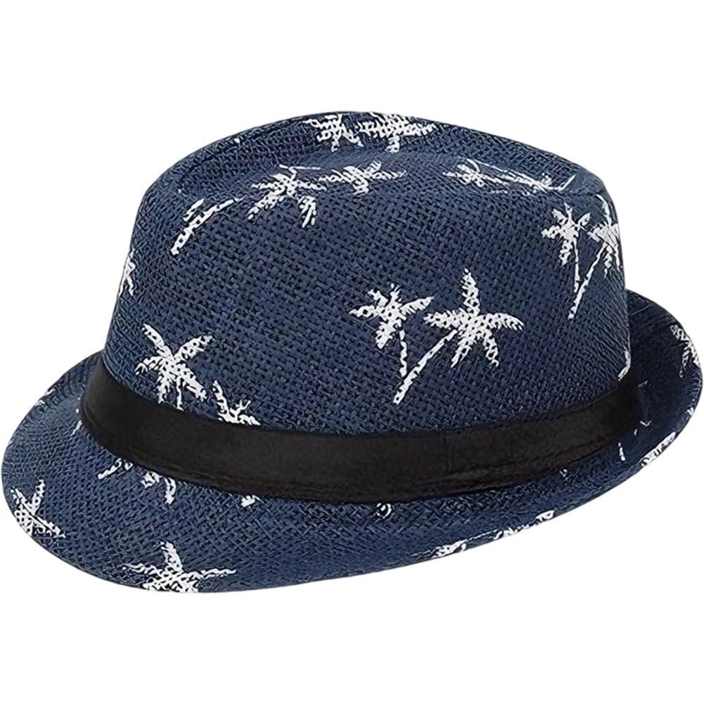 Uzztfa Men's Blue Summer Panama Hat Short Brim Fedora Hat Trilby Hat Palm Tree Print Summer Beach Sun Hat For Wo